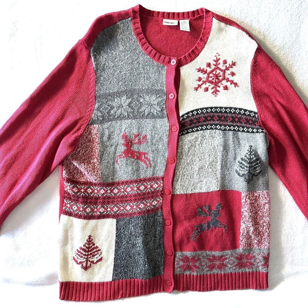 Cherokee 2X Ramie Angora Cardigan Christmas Nordic Reindeer Sweater Red‎